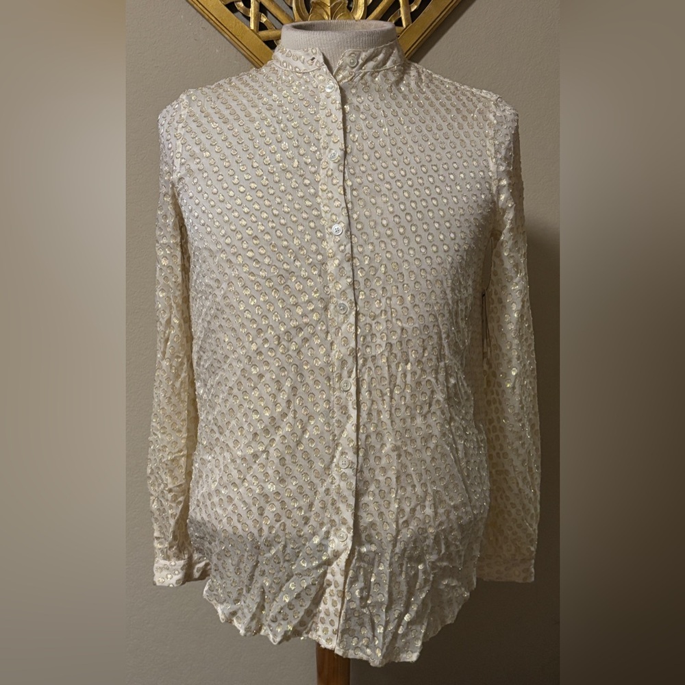 Equipment Femme Sheer Polka Dot Cream and Gold Long-sleeve Button Up Blouse Sz M